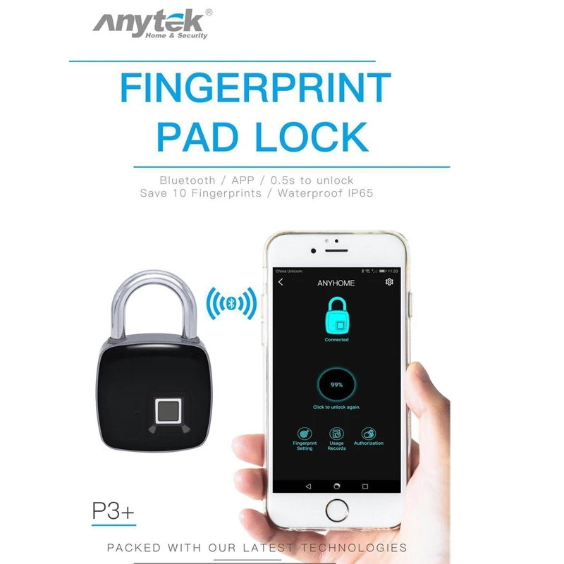 

Anytek Smart Keyless Fingerprint Lock and APP Unlock USB Rechargeable Access Anti-Theft Security Padlock Door Luggage Case Lock
