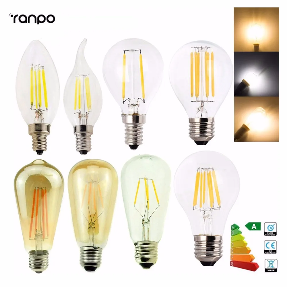 6ピース/ロットE12 E27 E14調光対応G45 A60 led電球ライトエジソンレトロヴィンテージフィラメントランプfilament
