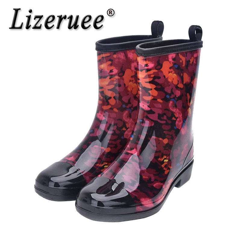 

Lizeruee Women Floral PVC Rubber Rain Boots Mid-calf Non-Slip Rainboots Waterproof Water Shoes Woman Flat Soft Rain Shoes CS578