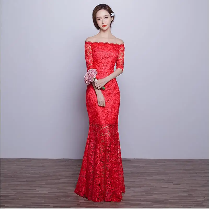 Китайское современное кружевное платье cheongsam с разрезом на воротнике красное