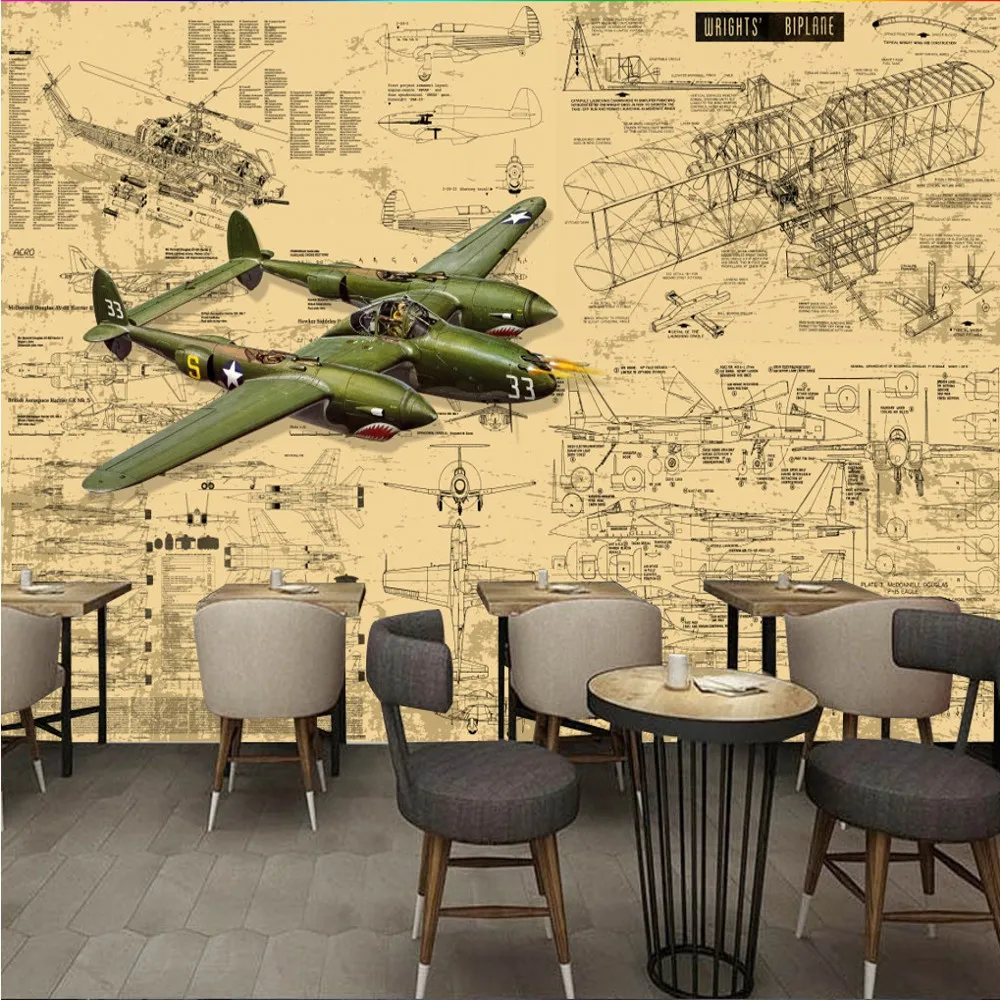 

Free Shipping Custom Mural Hand Drawn Vintage Retro Airplane Drawings Industrial Bar KTV Mural Wallpaepr Room Wallpaper Designs