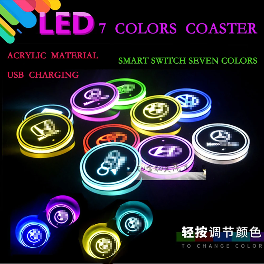 

2 pieces Car Coaster Pad LED Light with 7 Colors Car LED Coaster Cup Non-slip mat Decorative atmosphere lights