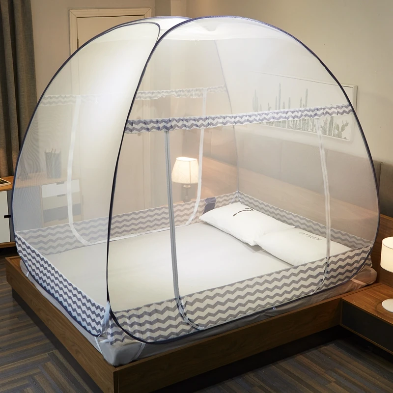

Two doors open, large space, double bed with brown blue portable mosquito net, folding tent bed, adult bed cover, children's mos