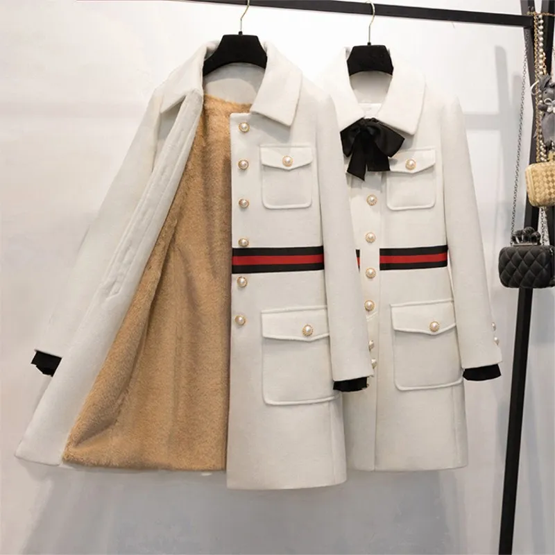 

2018 New Winter Coat Women Thick liner Bow Slim Pocket Wool Coat Slim Woolen Long Cashmere Coats Cardigan Jackets Elegant Blend