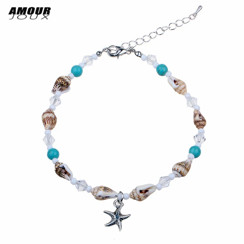 AMOURJOUX Bohemian Starfish Charm Shell Beaded Chain Anklets For Women Ankle Bracelet Woman Anklet Leg Foot Jewelry | Украшения и