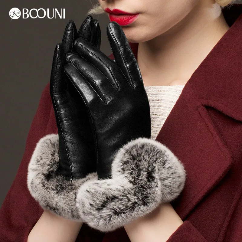 BOOUNI Genuine Leather Gloves Fashion Black Women Sheepskin Glove Wrist Rabbit Hair Thermal Winter Driving Gloves NW769