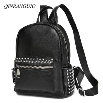

QINRANGUIO Genuine Leather Backpack Women Rivet Black Backpack Travel 2019 Fashion Cow Leather Women Backpack Mochila Feminina