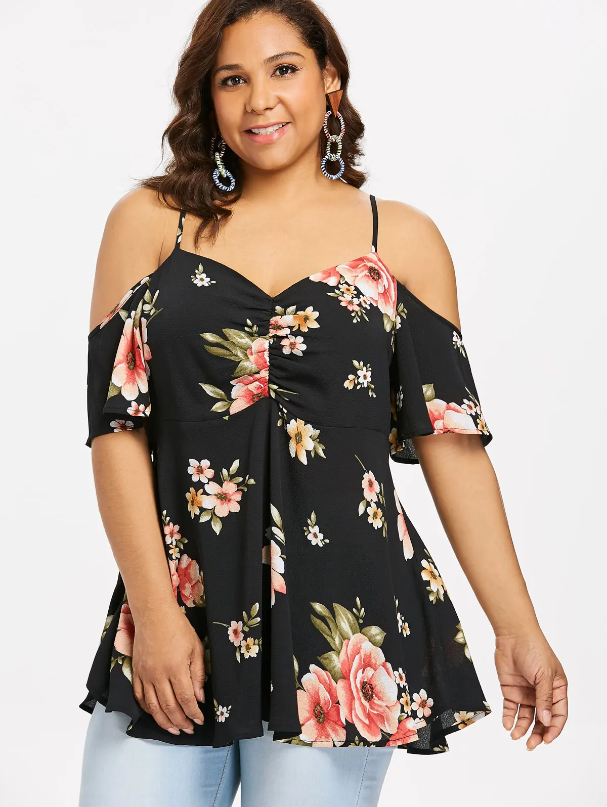 

Wipalo Plus Size Floral Open Shoulder Blouse Print Blusas Floral Shirt For Womens Elegant Blouses Women Female Tops 5XL