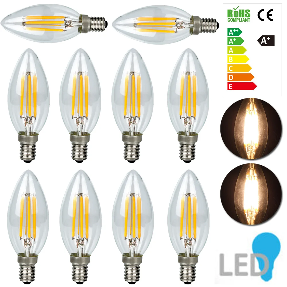 Диммируемая лампа накаливания теплый белый светодиод 4/10 шт AC 220V E14 C35 6W