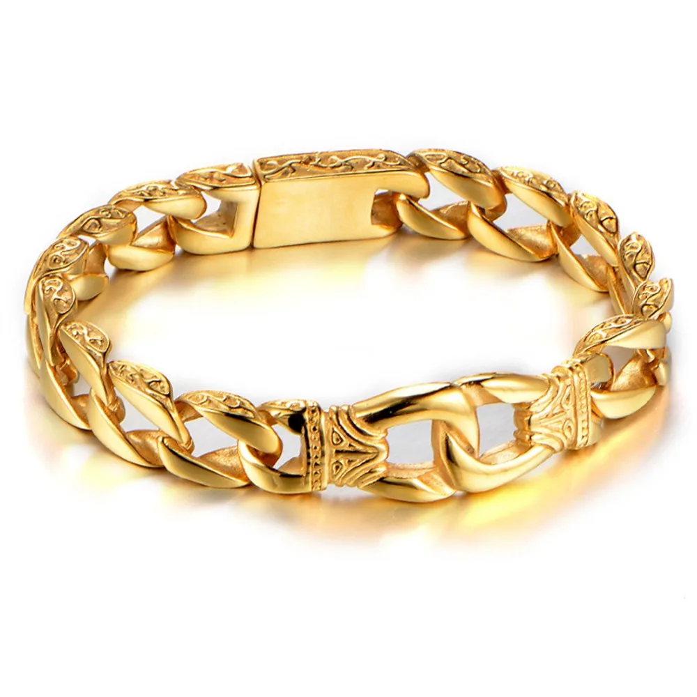 12mm Width 8.66" Length Mens Boys Wristband Flat Curb Chains Gold Color