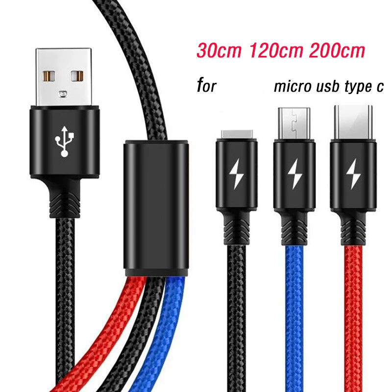 3 в 1 3 в 1 Usb C кабель для huawei Usb кабель type-C кабель 2 м 2 метра для One Plus Oneplus 7 Pro 6 T Micro Usb Usbc зарядка Kabel