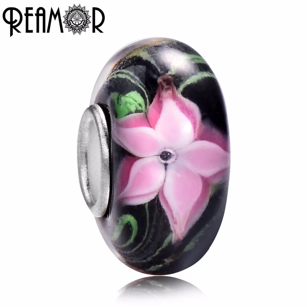 

REAMOR Pink Lily Flower Round Lampwork European Big Hole Glass Beads Charms Fit DIY Original Bracelets Female Jewelry Wholesale