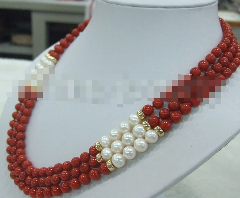 

FREE SHIPPING>@@> 1002 natural red coral & white round freshwater pearl necklace