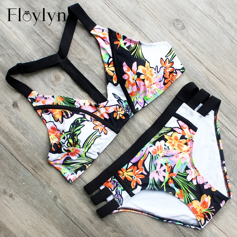 Floylyn Retro Floral Printed Bikini Sets Bathing Suits Women Summer Bandage Bikinis Swimsuit 