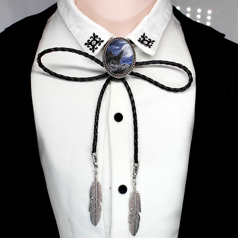 BOLO-0024 New Fairy Howling Wolf Art Oval Bolo Tie Vowboy Hand Craft Slide Western Tie Neck Glass Photo Tie Leather Necklaces - Окраска металла: 6-3