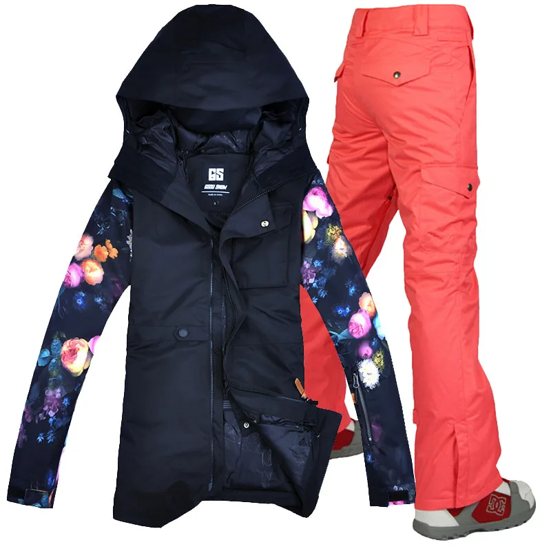 Gsou зимняя куртка для женщин, лыжный костюм, женская зимняя куртка и штаны, ветрозащитная водонепроницаемая цветная одежда - Цвет: Watermelon Red pants