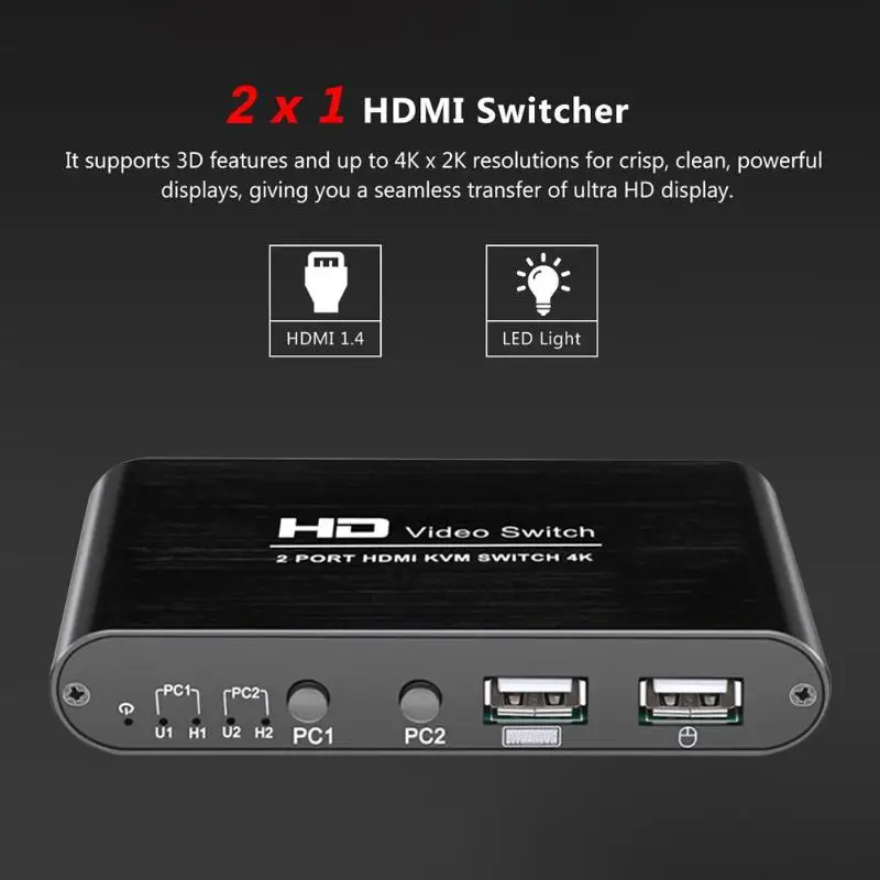  2 Port Hdmi Kvm Switch 4Kx2K Ultra Hd Switcher for Dual Monitor Keyboard Mouse