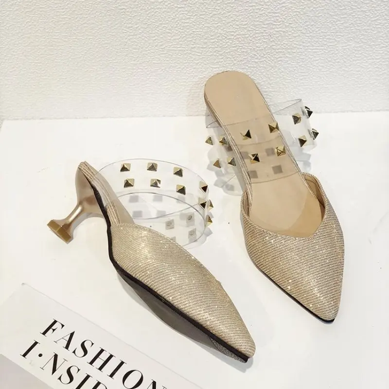 

2019 fashion High Heel Mules Slippers Ladies Pointed Toe Strange Style rivet Outside Sandals Shoes Women Casual Slides Mules