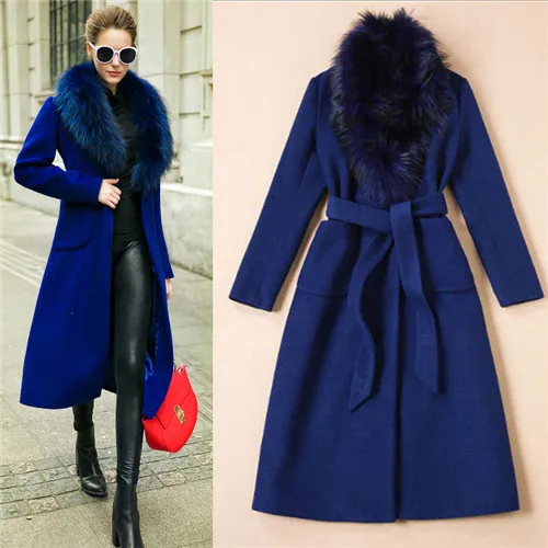 Autumn Winter Celebrity High Streen Long Wool Coat Women Woolen Overcoat FUr Collar Solid Blue Coats Wine Red Outerwear Size XL