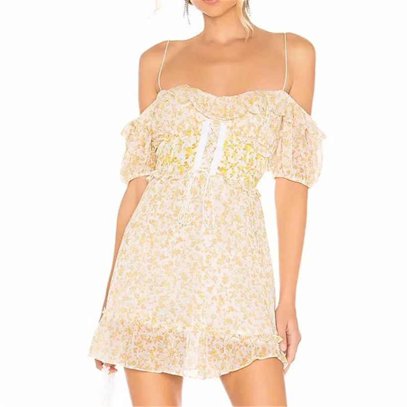 

Women Elegant chiffon off the shoulder lace up dress short sleeve bodycon short mini dress ladies party dress