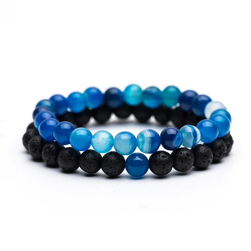 Парные дистанционные браслеты для мужчин и женщин, синий, черный натуральный камень, камень лавы, бисерная прядь, браслеты Будды и браслеты, ювелирные изделия - Окраска металла: B020332-B020333