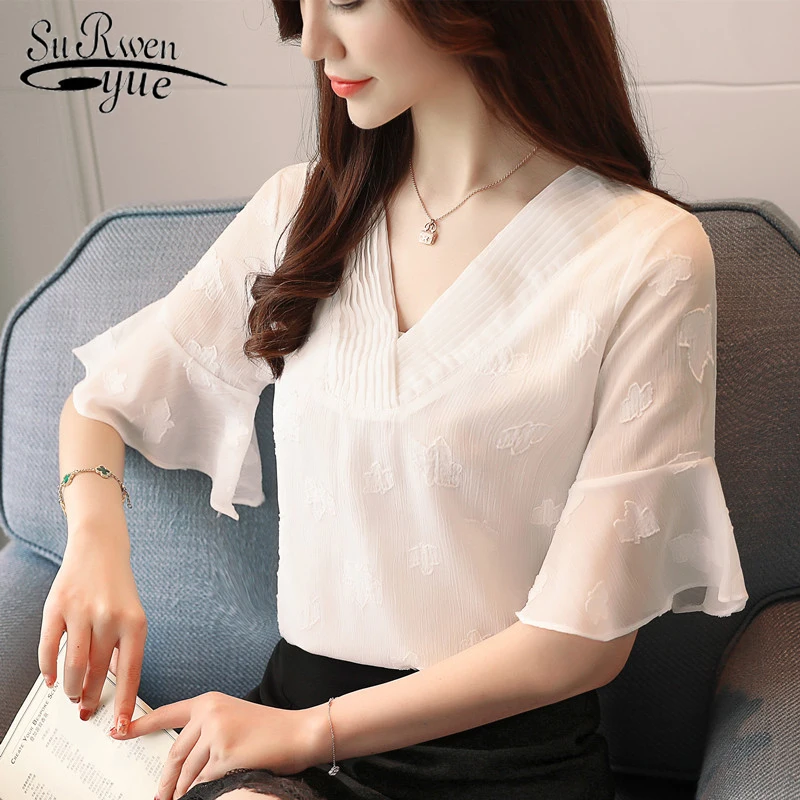

New 2018 Summer Embroidery Organ Pleat Women Blouses Shirts Elegant Chiffon Shirt Short Sleeve Sweet Female Top Blusa 0391 40