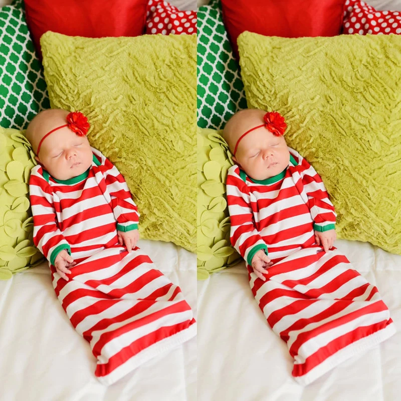 Pudcoco новорожденных Для маленьких мальчиков девочек Рождественские ночные рубашки в полоску платье Длинные теплые рубашки Боди Пижамный Рождественский подарок одежда