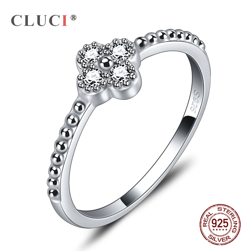 

CLUCI Cute Silver 925 Lucky Clover Rings for Women Jewelry Cubic Zircon Fashion Party Ring Clover Flower Ring