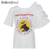 TWOTWINSTYLE 2019 Summer Ruffle Funny Short Sleeve Female T shirts Women Tops Graphic Tee shirt White Clothes Fashion Korean