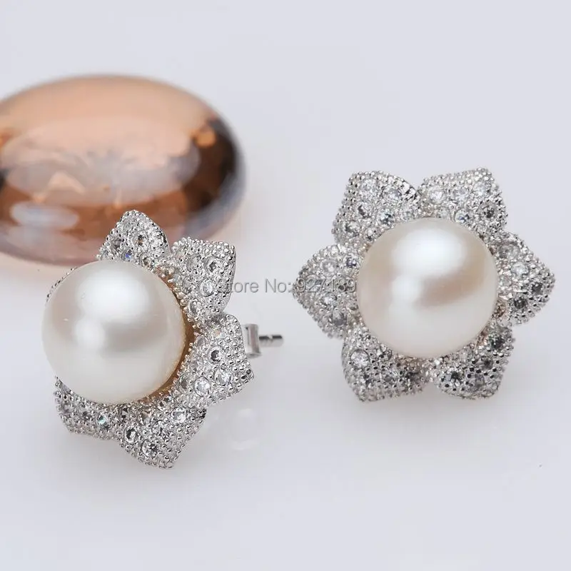Free Shipping Natural Freshwater Pearl Stud Earrings, cheap, weding gift, 925 sterling silverin