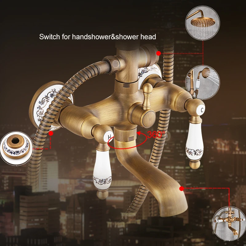 quyanre wanfan gappo antique brass shower faucets set brass shower head ceramic handshower swivel tub spout 3-way mixer tap wall mounted bathroom shower faucet kit3