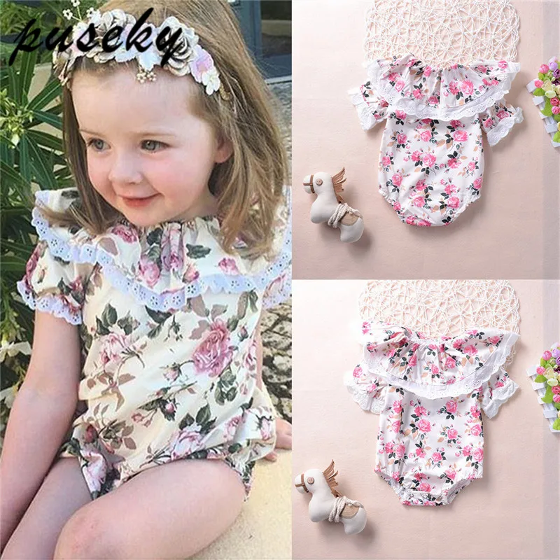 Puseky Cute Newborn Baby Girl Floral Romper Short Sleeve Lace Flower