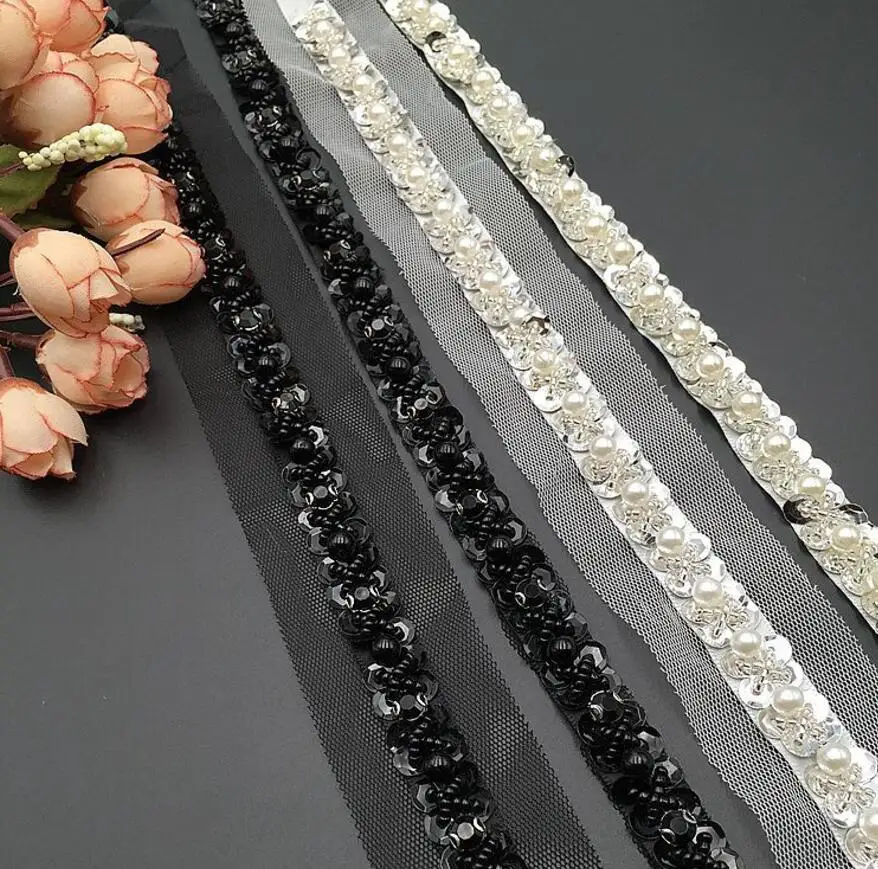 2Yard Handmade Beaded Pearl Tube Bead Sequin Mesh Lace Trim Ribbon For Apparel Sewing DIY Bridal wedding Dress Collar Doll Cap
