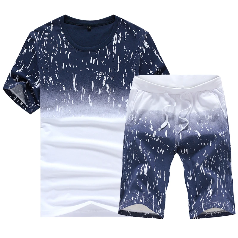 2019 Summer Men's Sportswear , Fashion Style Men's Round Neck Gradient Blue and White Short-sleeved Men sets