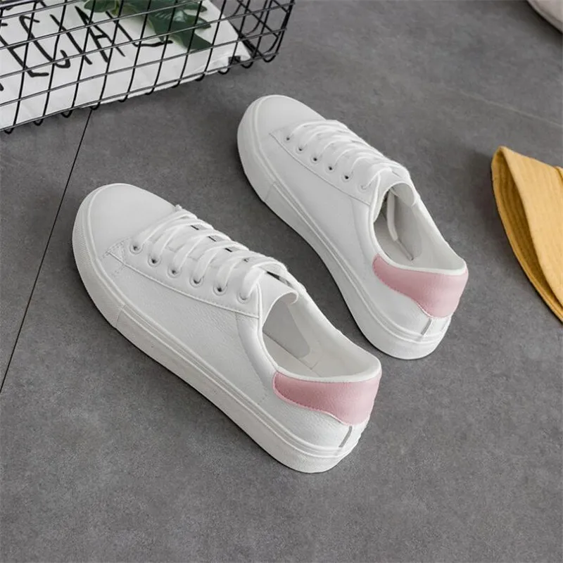 

QIUBOSS Spring Chic Sneakers for Women All White Casual Shoes Lace Pink Blue Ladies Footwear Flat Women Vulcanize Shoes Q342