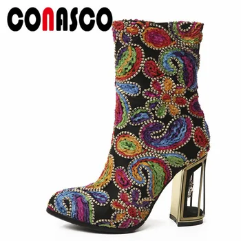 

CONASCO Retro Embroider High Heeled Ankle Boots Super High Heeled 10CM Fashion Wedding Party Autumn Winter Shoes Woman