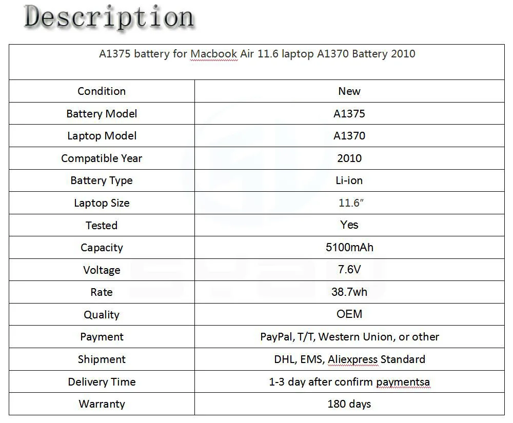 A1375 Батарея для MacBook Air 11," ноутбук A1370 Батарея MC506 MC507L 2010 год