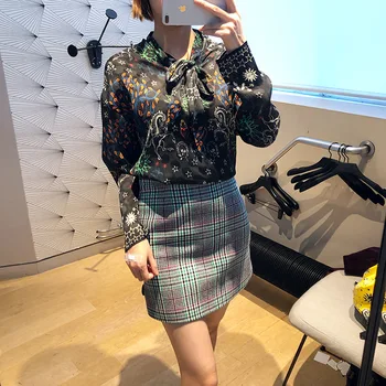 

Women Long Sleeve Shirt Tie Ribbon Bow Neck Floar Print Spring Autumn Lady Blouse New