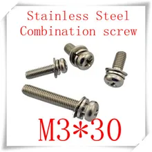 100 шт./лот Staninless Стали 304 M3* 30 Крест Встраиваемые Цилиндрической Головкой Три Сочетание Винт С Шайбой