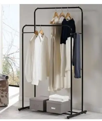 Clothes rack floor bedroom clothes and hat rack. Simple double pole type indoor hangers. Hang clothes rack..
