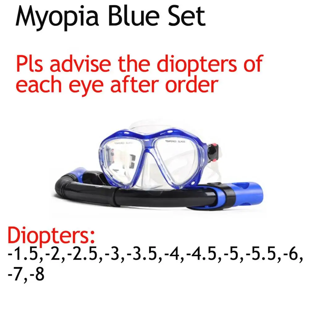 YONSUB близорукость закаленное погружение оптические линзы маска дайвинг маска трубка набор подводный анти туман и трубка Дайвинг оборудование - Цвет: Myopia Blue Set