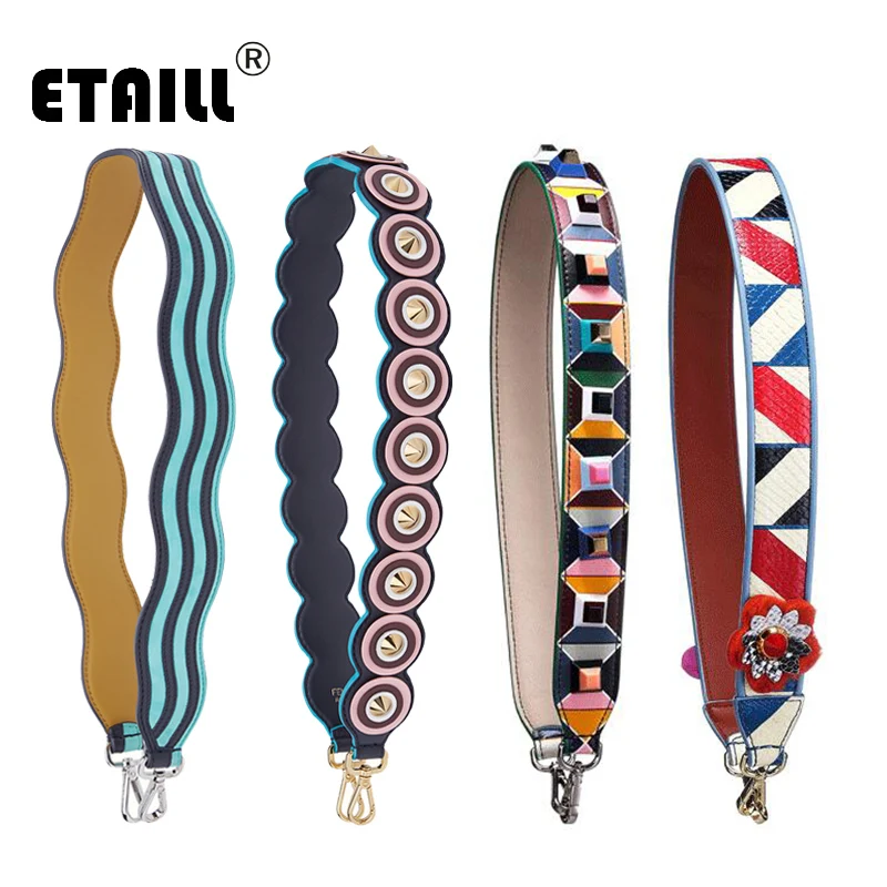 Multicoloured Wavy Shape Conical Studs Python Wide Shoulder Strap with Flowers Rivets Cony Hair for Crossbody