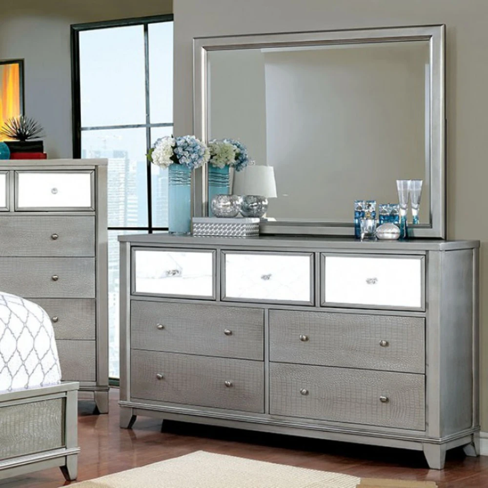 Dazzling Wooden Textured Dresser In Contemporary Style, Silver(CM7289SV-D) (1)