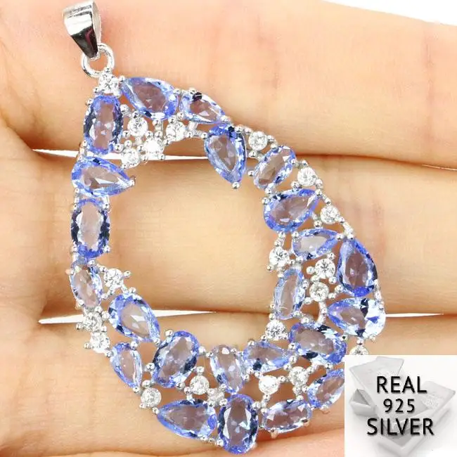 

Guaranteed Real 925 Solid Sterling Silver 5.0g Long Big Rich Blue Violet Tanzanite CZ Ladies Pendant 46x24mm