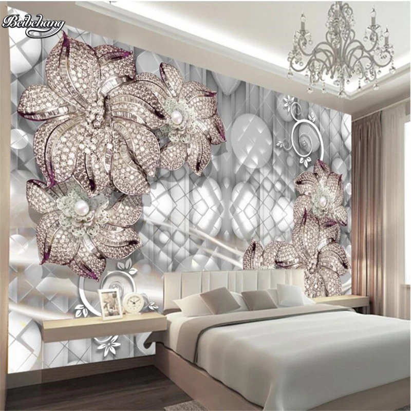 

beibehang 3D jewelry lily murals living room TV backdrop custom made large fresco nonwovens green wallpaper papel de parede