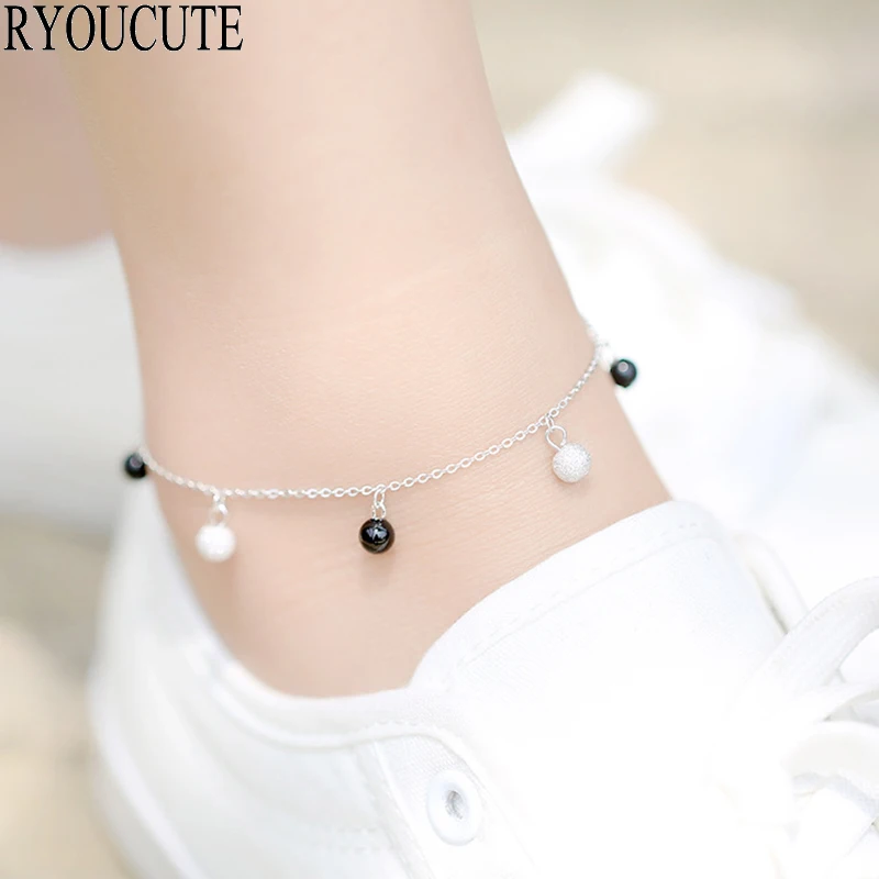 New Arrivals Fashion 925 Sterling Silver Black White Ball Anklets for Women Hot Sale Girls Gift