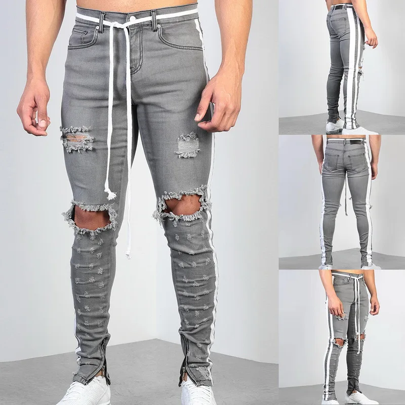 

Oeak Hot Ripped Jeans Men Vintage Solid Skinny Jeans Men New Zipper Fly Pencil Men Jeans Pants Patchwork Casual Jeans Homme