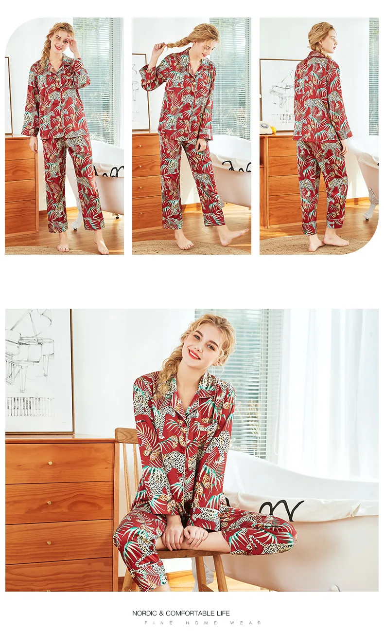 Summer Women Pajamas Sets With Pants Silk Pijama Satin Pyjama Flower Print Nightwear 2 Piece Set Long Sleeve Sleepwear