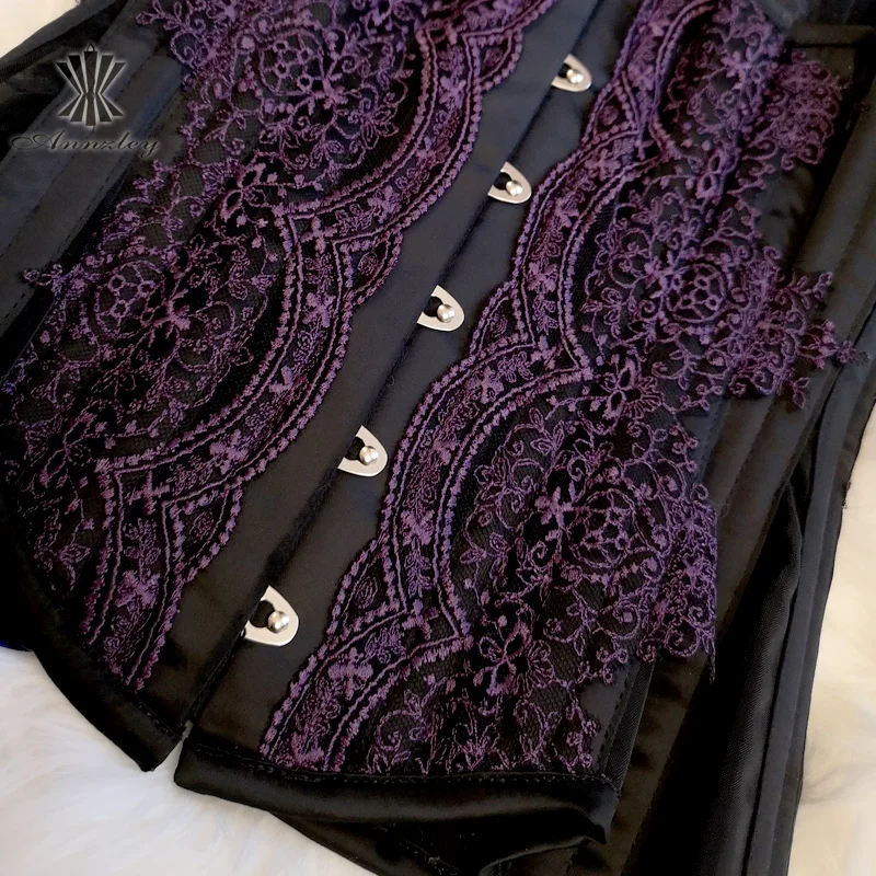 Annzley Corset 2019 Long Underbust Double Steel Bonings Corset With Purple Lace For Women Waist Slimming (7)