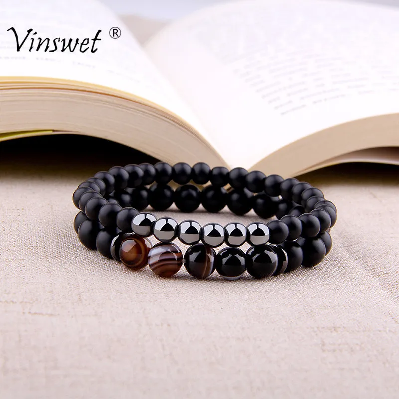 

Fashion 2pcs Bracelet Men Natural Striped Agates Matte Black Onyx Beads Bracelet for Women&Mens Hematite Energy Jewelry Pulseras